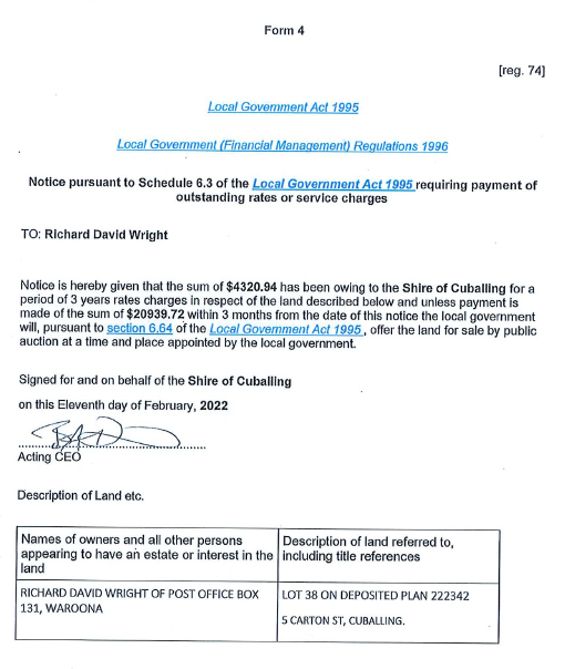 Notice Pursuant to Schedule 6.3 of the Local Government Act 1995 requiring the payment of outstanding rates or service charges.