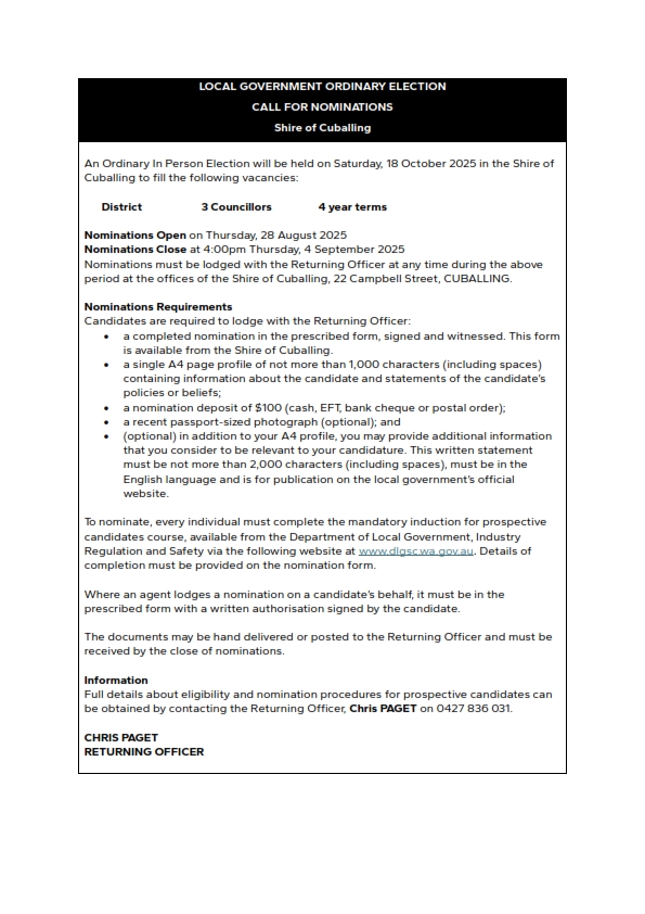 LOCAL GOVERNMENT ORDINARY ELECTION - CALL FOR NOMINATIONS