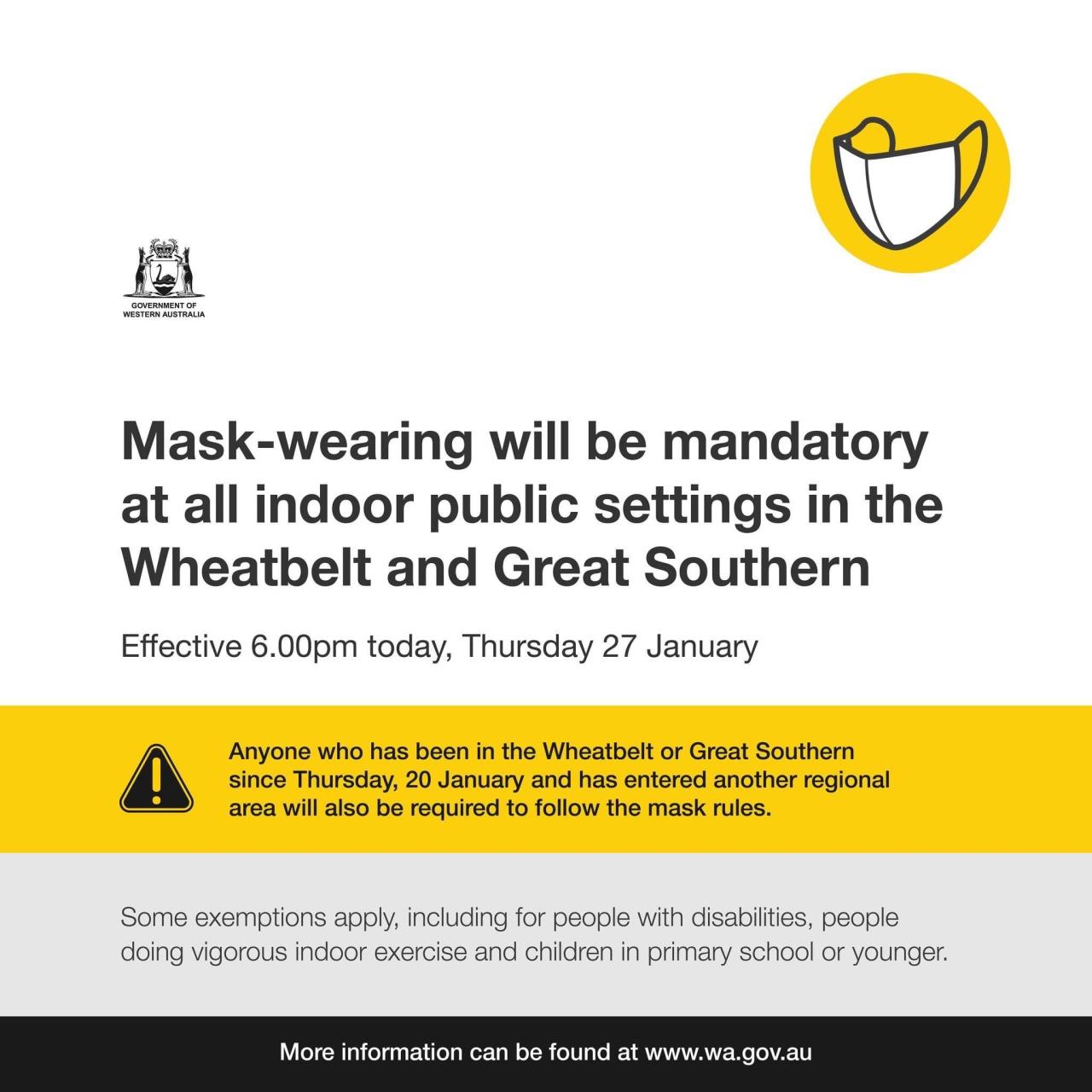 Mask Wearing Mandatory in the Wheatbelt and Great Southern